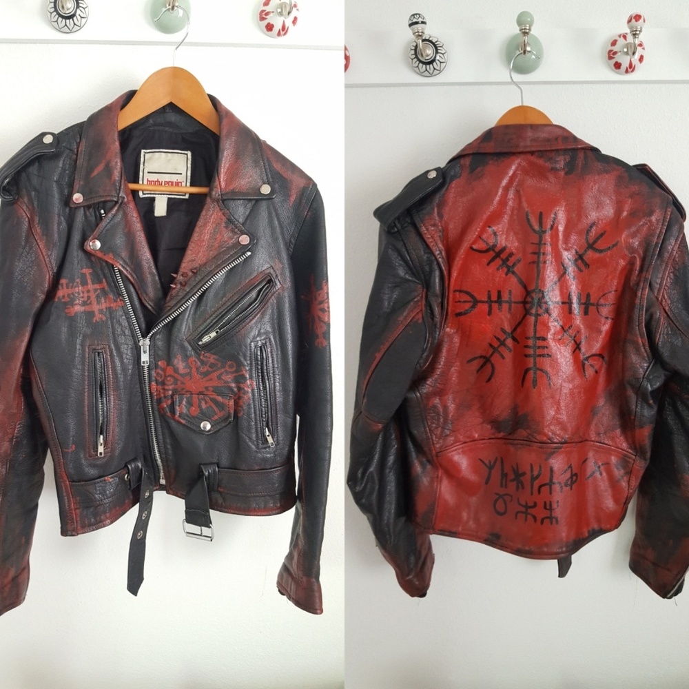 Handpainted black metal runic leather jacket